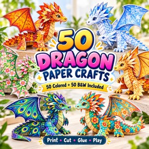 Könnte beinhalten: Eine Sammlung von Papierdrachen in verschiedenen Farben und Mustern, darunter orange, blaue, grüne und florale Designs. Der zentrale Text lautet 50 DRAGON PAPER CRAFTS, 50 Colored + 50 B&W Included, sowie Print, Cut, Glue, Play.