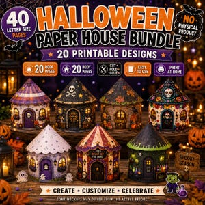 Può includere: Un pacchetto digitale di case di carta per Halloween con 40 pagine in formato letter e 20 design stampabili. L'immagine mostra sette case in miniatura assemblate con vari temi, tra cui teschi, fantasmi e motivi autunnali, oltre al testo.