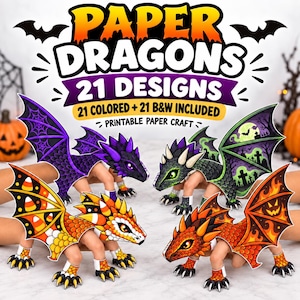 Op de afbeelding: Een set printbare papieren drakenknutsels met 21 ontwerpen in kleur en zwart-wit. De afbeelding toont vier papieren drakenfiguren met verschillende patronen, waaronder paarse spinnenwebben, groene kerkhofscènes, candy corn en oranje vlammen.