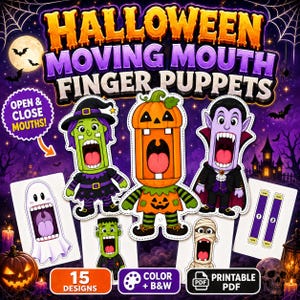 Puede incluir: Un conjunto de marionetas de dedo de Halloween con boca móvil que incluye 15 diseños como una bruja, calabaza, vampiro, fantasma, monstruo y momia. El PDF imprimible incluye opciones en color y en blanco y negro con instrucciones.