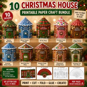May include: A printable paper craft bundle featuring 10 Christmas house designs including Santa's Workshop, Winter Penguin Cottage, Elf Toy Shop, Christmas Candy Cottage, Cozy Christmas Fireplace, Snowman Winter House, North Pole Post Office, Reindeer Stable, Gingerbread Cottage, and Christmas Tree Farm. Includes PDF files for 8.5 x 11 inch letter size paper.