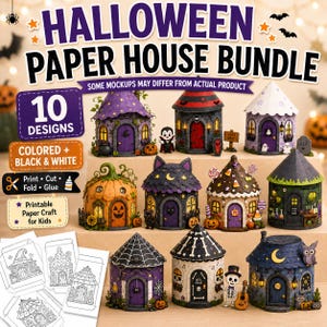 Knutselpakket voor kinderen met Halloween-thema: papieren huisjes om te printen, inclusief 10 ingekleurde huisjes.