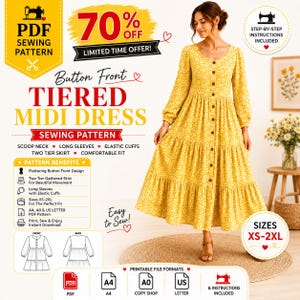 May include: A yellow midi dress with a white floral pattern, featuring a scoop neckline, long sleeves with elastic cuffs, and a button-front closure. The tiered skirt design is shown in a PDF sewing pattern advertisement with text including 70% OFF, TIERED MIDI DRESS, and SIZES XS-2XL.