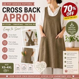 Puede incluir: Un patrón de costura en PDF para un delantal de espalda cruzada sin lazos y dos bolsillos delanteros grandes. El patrón incluye instrucciones paso a paso, imágenes claras y margen de costura. Disponible en tallas XS-4XL en formatos A4, US Letter y A0.