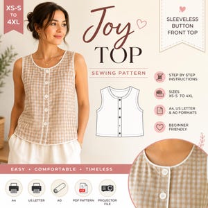 Puede incluir: Un patrón de costura para una blusa sin mangas con botones frontales llamada Joy Top. Incluye instrucciones paso a paso, tallas de XS-S a 4XL y formatos para A4, US letter y A0. La blusa presenta un patrón de cuadros vichy en beige y blanco.