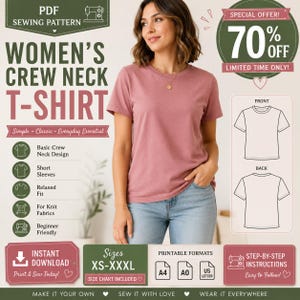 Women's T-Shirt Sewing Pattern PDF | Basic Crew Neck Tee Pattern | Relaxed Fit Knit Top | Short Sleeve Shirt | xs-XXXL | A4 A0 US Letter