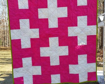 Plus Quilt for Baby Girl, Bright Pink and Bone Baby Girl Quilt, Modern Quilt for Baby Girl