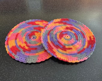Vintage look crocheted potholders, set of two, variegated potholders, cotton potholders