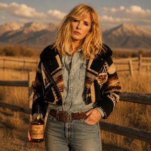 May include: A cropped jacket with a black, tan, and brown geometric pattern and a black collar, worn over a light blue button-down shirt and blue jeans with a brown leather belt. A glass bottle of Buffalo Trace Kentucky Straight Bourbon Whiskey.