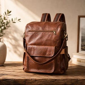 May include: A brown leather backpack featuring a large front flap pocket, a horizontal zipped compartment above it, and two side pockets. The bag includes adjustable shoulder straps, brass-toned metal hardware, and a detachable shoulder strap.