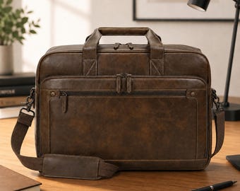 Personalized Leather Briefcase, Handmade Full Grain Leather Laptop Messenger Bag, Vintage Office Bag, Business Travel Bag