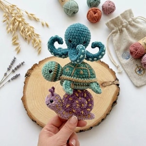 Virkat bläckfisk-sköldpadda-snigelmönster PDF, handledning för amigurumi-stapelleksaker (PDF)
