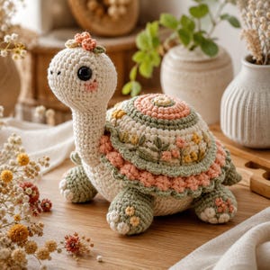 Può includere: Un giocattolo a forma di tartaruga all'uncinetto con testa e arti color crema e accenti rosa sulle guance. Il guscio è stratificato con lana verde salvia e rosa tenue, decorato con motivi floreali ricamati e piccoli fiori all'uncinetto.