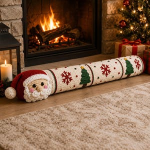 May include: A long, cylindrical crochet draft stopper featuring a Santa Claus head on one end with a red hat and white pom-pom. The body is cream-colored with a repeating pattern of green Christmas trees, red snowflakes, and small green dots.