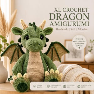 XL Crochet Dragon Amigurumi Pattern, Sitting Dragon Plush Toy (PDF Download)