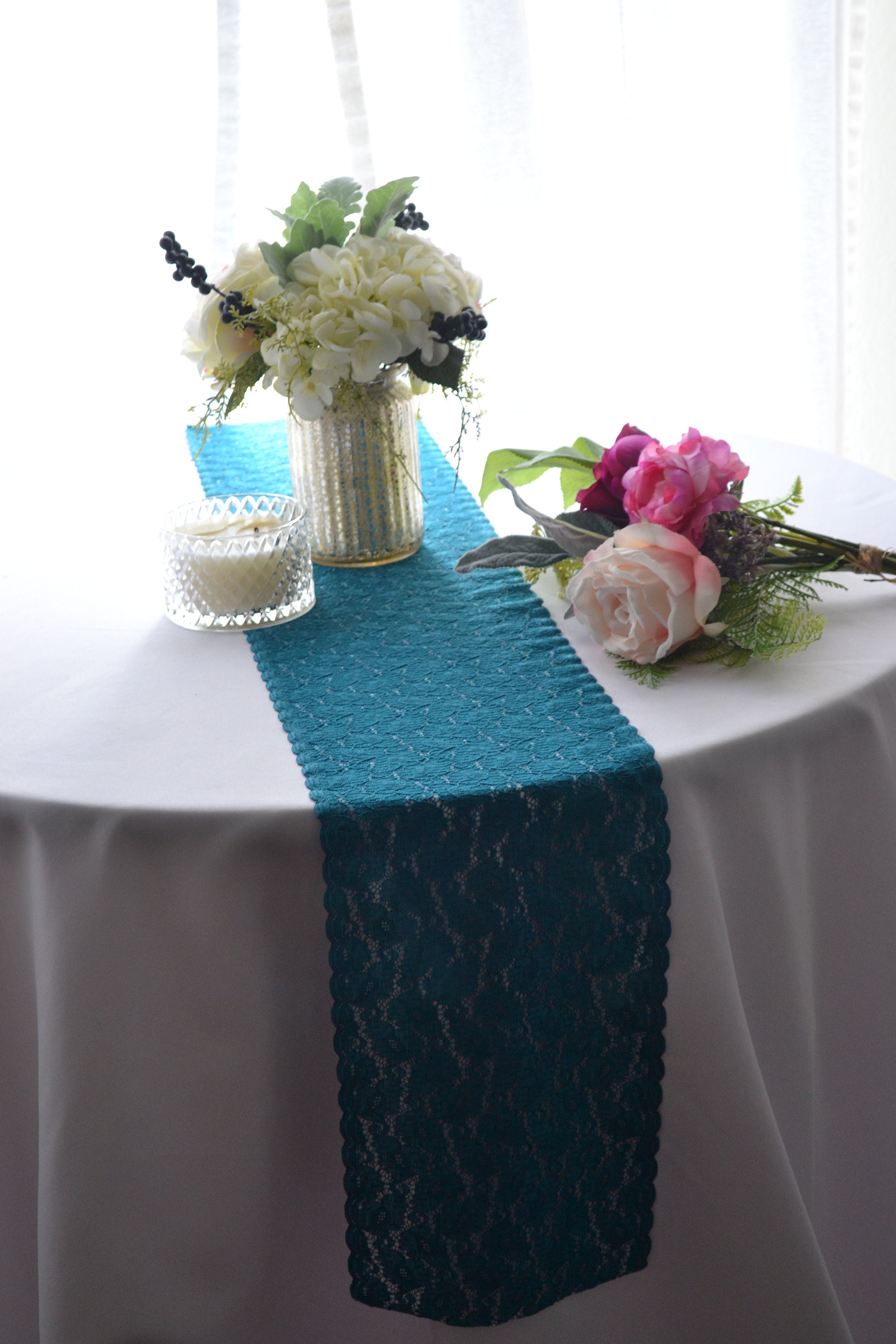 TEAL LACE Table Runner 8 wide and 3FT20FT Lengths/ Cut Etsy