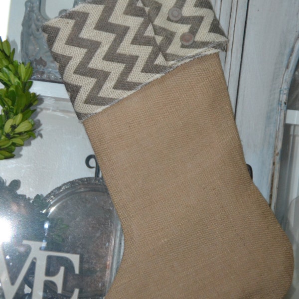 Burlap Christmas Stocking With Gray Chevron Cuff and Metal Buttons Great for the Men Boys Man Masculine Husband Sons and Grandpa