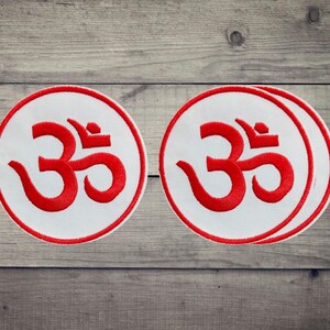 Red Aum Om Hindu Symbol Embroidered Patch Hindu Yoga Spiritual Iron On Patch Yoga Round Patch for Jacket Backpack Set 3 PCS.