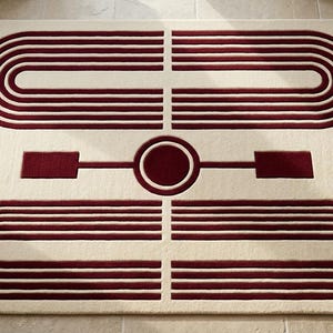 Burgundy Ivory Geometric Wool Rug, Modern Abstract Tufted Style Carpet, Luxury Rectangular Area Rug for Living Room