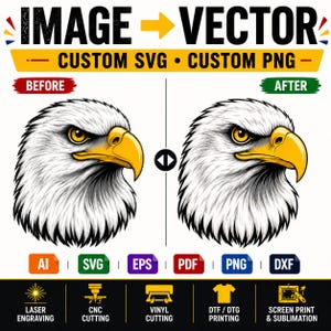 Könnte beinhalten: Eine Grafikdesign-Service-Anzeige mit dem Titel IMAGE TO VECTOR, die einen Vorher-Nachher-Vergleich einer Illustration eines Weißkopfseeadlerkopfes zeigt. Der Adler hat weiße Federn, einen gelben Schnabel und gelbe Augen. Enthält die Dateiformate AI, SVG, EPS, PDF, PNG, DXF.