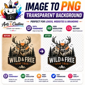 May include: A digital graphic showing a before and after comparison of a deer illustration with the text WILD & FREE STAY TRUE. The image demonstrates a service that converts an image with a solid background into a transparent PNG file.