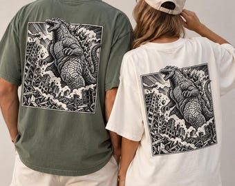 Vintage Kaiju-Monster-T-Shirt, Retro-Riesenkreaturen-Kunst, japanisches Grafik-Shirt