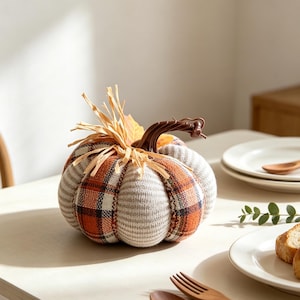Puede incluir: Una calabaza decorativa de tela con paneles alternos de tela a cuadros naranja, negra y blanca y tela de punto beige lisa. La calabaza está rematada con un tallo de plástico marrón oscuro y un racimo de rafia color canela y hojas de otoño.