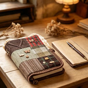 Op de afbeelding: Een rechthoekig notitieboek met een stoffen patchwork kaft in bruine, groene en beige texturen, waaronder visgraat-, ruit- en breipatronen. De kaft is versierd met kleine houten knoopjes in de vorm van dieren en cirkels.