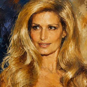 May include: An oil painting depicting a person with long, wavy blonde hair and a light complexion, wearing a white strapless top featuring a detailed, intricate lace pattern with floral motifs, set against a dark blue and warm brown background.