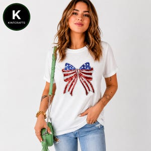USA Flag Bow Knot Patched Crew Neck T Shirt