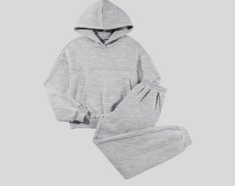 Conjunto de sudadera con capucha y pantalón deportivo gris extragrande, ropa de estar por casa con hombros caídos, chándal cómodo tipo jogger.