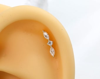 14-karätiger Gold-Ohrstecker mit Marquise-Schliff und Labordiamant, flacher Rückseite, für Helix-Knorpel- und Ohrläppchen