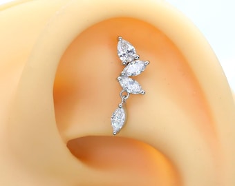 14-karätiger, massiver Gold-Ohrstecker mit blattförmigem, im Labor hergestelltem Diamanten für Knorpel, Tragus und Helix