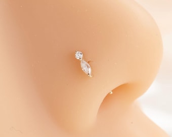 14K Solid Gold Marquise Lab Diamond Nose Stud L-Shape Nostril Piercing