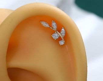 14-karätiger massiver Goldblatt-Knorpelstecker mit flacher Rückseite und Marquise-Labordiamant