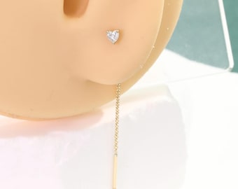 Herzförmiger Ohrhänger aus 14-karätigem Gold mit Labordiamanten, Helix-Piercing, Ohrhänger mit Kette
