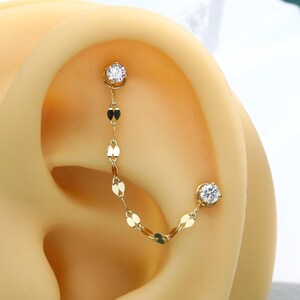 14K Solid Gold Diamond‑Cut Disc Ear Chain Connector for Multi Piercing