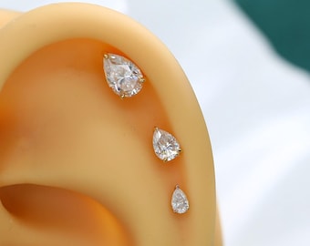14 Karat massiver Gold-Piercing-Ohrstecker mit birnenförmigem Labordiamanten, Innengewinde und flacher Rückseite für Knorpel-Helix- und Ohrläppchen