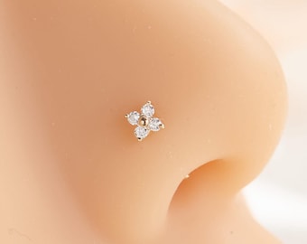14K Gold kleine Lab Diamant Blume L Form Nasenstecker