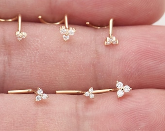 14K Solid Gold drei Stein Lab Diamant L Form Nasenstecker