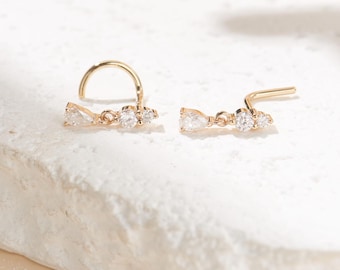 14K Solid Gold L gebogenen Lab Diamant Birne baumeln Nasenstecker