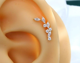 14K Solid Gold Threadless gebogenen Marquise Lab Diamant Blatt Helix Ohrstecker
