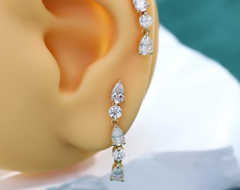 14K Solid Gold Threadless Pear Lab Diamond Dangle Cartilage Helix Lobe Earring