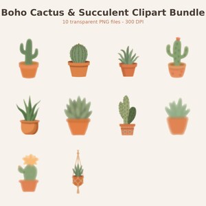 Könnte beinhalten: Ein digitales Clipart-Paket mit dem Titel Boho Cactus & Succulent Clipart Bundle, das 10 transparente PNG-Dateien mit 300 DPI enthält. Die Sammlung zeigt verschiedene grüne Kakteen und Sukkulenten in Terrakotta-Töpfen sowie eine Hängepflanze.