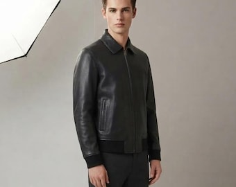 Men's Black Leather Bomber Jacket, Minimalist Zip Up Jacket