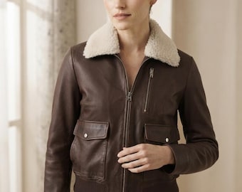 Women Brown Leather Bomber Jacket, Vintage Aviator Flight Coat with Shearling Collar, Real Leather Winter Outerwear, Gift for Her