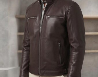 Men’s Brown Leather Cafe Racer Jacket – Genuine Vintage Moto Biker Coat, Slim Fit Snap Collar Outerwear, Handmade Distressed Leather, Gift