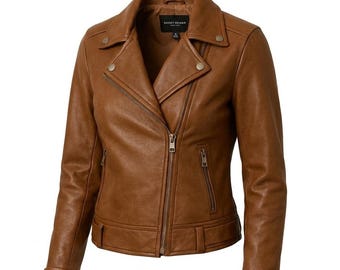 Women’s Brown Leather Biker Jacket – Handmade Sheepskin, Classic Asymmetrical Zipper, Stylish Outerwear
