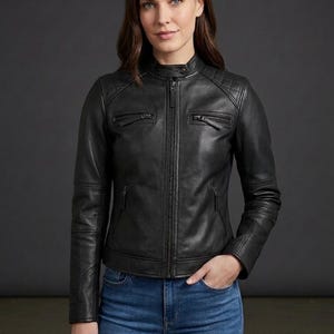 Women’s Black Quilted Leather Jacket – Handmade Sheepskin, Stylish Biker Outerwear, Modern Streetwear image 1