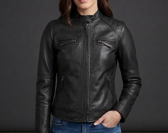 Women’s Black Quilted Leather Jacket – Handmade Sheepskin, Stylish Biker Outerwear, Modern Streetwear